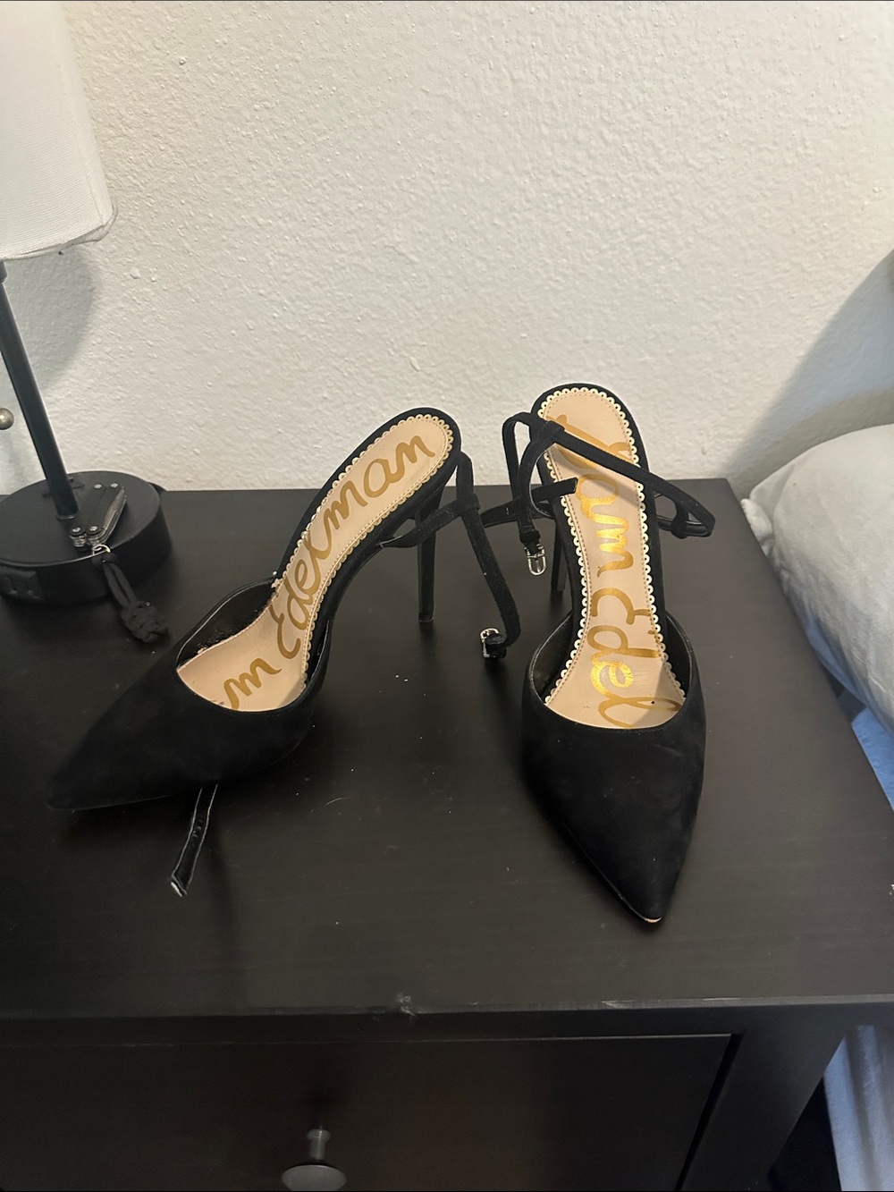 Sam Edelman Black Suede Pointed Toe Stiletto Slingback Heels with Ankle Strap